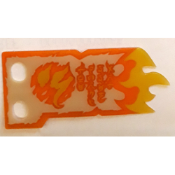 Plastic Part for Sets 70673, 70674, 70675, 70676, 70677, 70678 and 70684 - Tan Tattered Flag with Trans-Orange Border, Yellow Flames, Ninjago Logogram Letter S and 'THE FORBIDDEN ART' Pattern