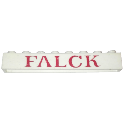 Brick 1 x 8 without Bottom Tubes with Cross Side Supports with Red 'FALCK' Pattern