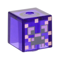 Minifigure, Head, Modified Cube with Pixelated Dark Bluish Gray and Medium Lavender Eyes and Open Mouth Frown, Metallic Pink Spots Pattern (Minecraft Enchanted Creeper)