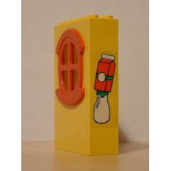 Fabuland Building Wall 2 x 6 x 7 with Round Symmetric Red Window with Juice Carton & Milk Bottle Pattern (Sticker) - Set 3667