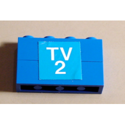 Stickered Assembly 4 x 1 x 2 with White 'TV 2' on Blue Background Pattern (Sticker) - Set 664-1 - 2 Brick 1 x 4 Stickered Assembly 4 x 1 x 2 with White 'TV 2' on Blue Background Pattern (Sticker) - Set 664-1 - 2 Brick 1 x 4