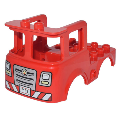 Деталь LEGO 39926pb02 Duplo Cabin Truck 4 x 8 x 3 1/2 with Silver Grille, Fire Badge, Headlights, Bumper, and 'F1R3' Pattern