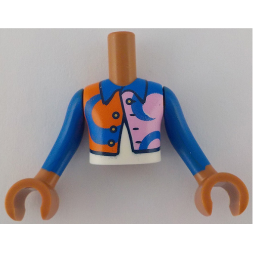 Деталь LEGO FTBpb132c01 Torso Mini Doll Boy Bright Pink and Reddish Orange Jacket with Blue Shapes and Collar over White Shirt Pattern, Sienna Arms with Hands with Blue Long Sleeves