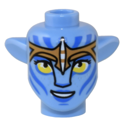 Minifigure, Head, Modified Alien Na'vi with Yellow Eyes, Silver Spots, Blue Markings and Lips, Medium Nougat Headband, Open Mouth Smile with Teeth Pattern Minifigure, Head, Modified Alien Na'vi with Yellow Eyes, Silver Spots, Blue Markings and Lips, Medium Nougat Headband, Open Mouth Smile with Teeth Pattern