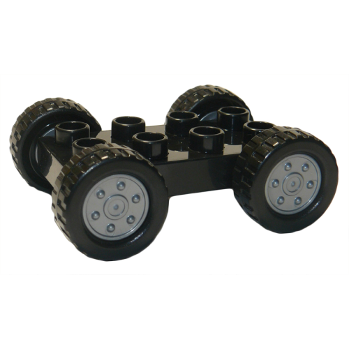 Деталь LEGO 12591c01 Duplo Car Base 2 x 4 with Fixed Axles, Black Tires and Flat Silver Wheels