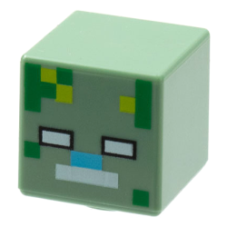 Minifigure, Head, Modified Cube with Pixelated White Eyes and Mouth, Medium Azure Nose, and Green and Lime Spots Pattern (Minecraft Drowned Zombie)