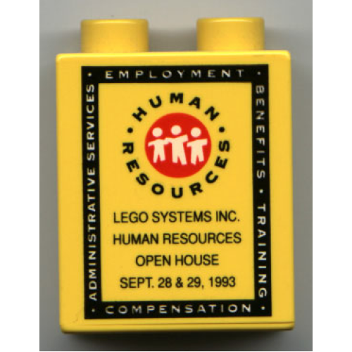 Деталь LEGO 4066pb138 Duplo, Brick 1 x 2 x 2 with LEGO Human Resources Open House 1993 Pattern