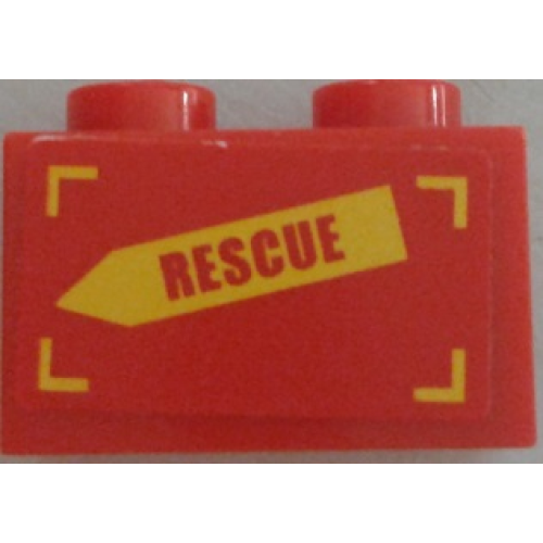 Деталь LEGO 3004pb157L Brick 1 x 2 with 'RESCUE' on Yellow Arrow Pattern Model Left Side (Sticker) - Set 60010