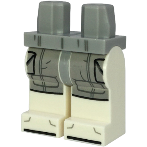 Деталь LEGO 970c01pb70 Hips and White Legs with Light Bluish Gray Thigh Panels with Pockets, Dark Bluish Gray Lines, Black Shoe Tips Pattern