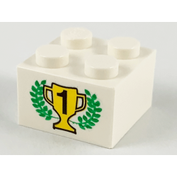 Brick 2 x 2 with Black Number 1 on Yellow Trophy Cup, Green Laurels Pattern
