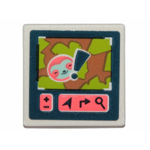 Деталь LEGO 15210pb072 Road Sign 2 x 2 Square with Open O Clip with Screen with Coral Sloth Head and Dark Blue Exclamation Mark Pattern (Sticker) - Set 41424