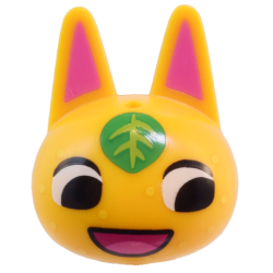 Minifigure, Head, Modified Cat with Pointed Ears with Molded Dark Pink Auricles and Printed Black Eyes, Green and Lime Leaf, Yellow Spots, and Magenta and Dark Pink Mouth Pattern Minifigure, Head, Modified Cat with Pointed Ears with Molded Dark Pink Auricles and Printed Black Eyes, Green and Lime Leaf, Yellow Spots, and Magenta and Dark Pink Mouth Pattern