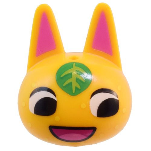 Деталь LEGO 105200pb02 Minifigure, Head, Modified Cat with Pointed Ears with Molded Dark Pink Auricles and Printed Black Eyes, Green and Lime Leaf, Yellow Spots, and Magenta and Dark Pink Mouth Pattern