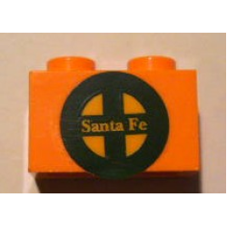 Brick 1 x 2 with Yellow 'Santa Fe' and Dark Green Logo Pattern (Sticker) - Set 10133 Brick 1 x 2 with Yellow 'Santa Fe' and Dark Green Logo Pattern (Sticker) - Set 10133