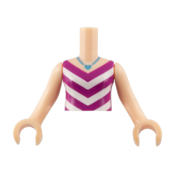 Torso Mini Doll Girl Magenta and White V-Stripe Top with Medium Azure Necklace with Heart Pendant Pattern, Light Nougat Arms with Hands