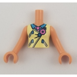 Torso Mini Doll Girl Bright Light Yellow Vest with Zippers over Dark Azure Shirt and Dark Pink Tie Pattern, Nougat Arms with Hands