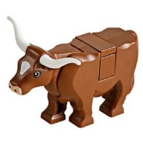 Деталь LEGO 64452pb01c02 Cow with Light Nougat Muzzle and White Spot on Head Pattern with Long Horns (Tile on Top)