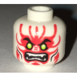 Minifigure, Head Alien with Lime Eyes, White Fangs, Red Face Decorations and Black Mouth and Cheek Lines Pattern