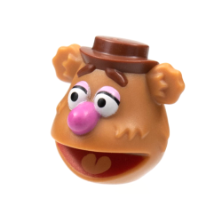 Minifigure, Head, Modified Muppet Fozzie, Reddish Brown Hat and Eyebrows, Dark Pink Nose Pattern