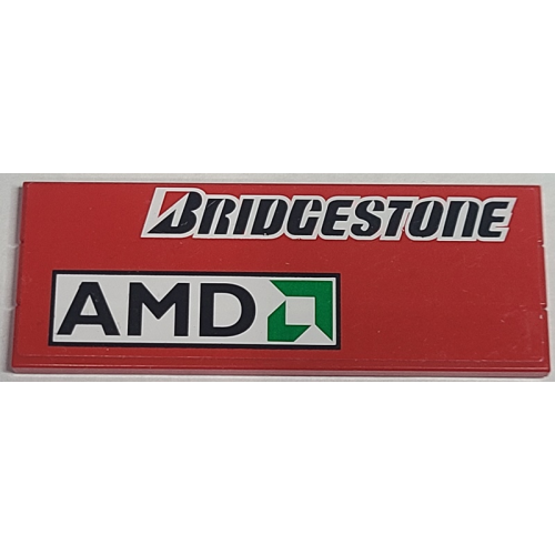 Деталь LEGO BA152pb01R Stickered Assembly 8 x 3 with 'Bridgestone' and 'AMD' Logo on Red Background Pattern Model Right Side (Sticker) - Set 8157 - 3 Tile 1 x 8