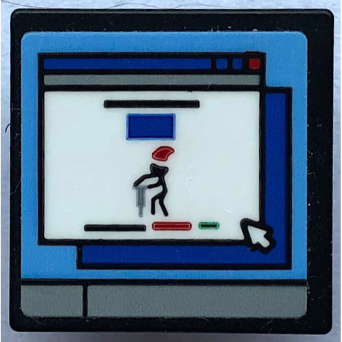 Деталь LEGO 15210pb155 Road Sign 2 x 2 Square with Open O Clip with Computer Screen, Black Stick Figure with Jackhammer and Mouse Cursor Pattern (Sticker) - Set 21336