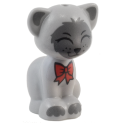 Cat, Friends Style, Sitting with Red Bow, Black Nose and Closed Eyes, Dark Bluish Gray Inner Ears, Patches and Paws Pattern (Gertrude) Cat, Friends Style, Sitting with Red Bow, Black Nose and Closed Eyes, Dark Bluish Gray Inner Ears, Patches and Paws Pattern (Gertrude)