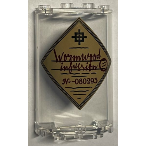 Деталь LEGO 85941pb022 Cylinder Half 2 x 4 x 5 with 1 x 2 Cutout with Reddish Brown 'Wormwood infusrion' (infusion) and 'No-080293' Pattern (Sticker) - Set 76391