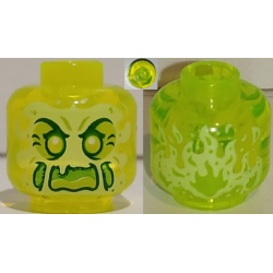 Minifigure, Head Alien Ghost with Yellowish Green Face, Cheeks, Large Raised Eyebrows, Pointed Eyes and Flames in Back Pattern