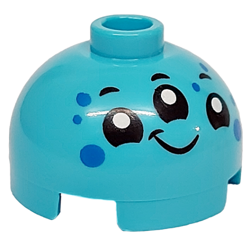 Деталь LEGO 553pb052 Brick, Round 2 x 2 Dome Top with Alien Face with 3 Black Eyes and Mouth, White Pupils, Smile and Blue Spots Pattern