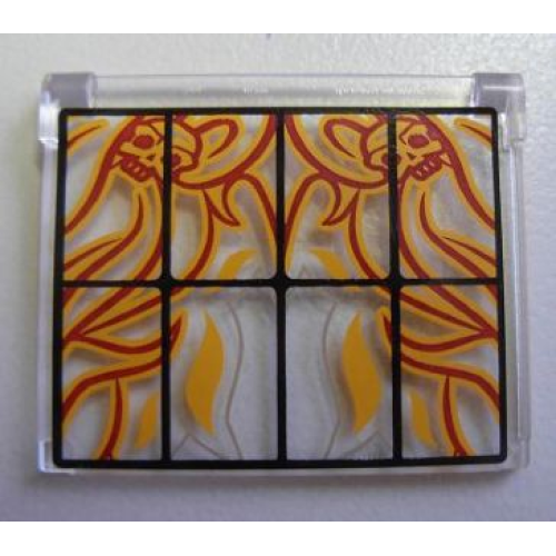 Деталь LEGO 60603pb002 Glass for Window 1 x 4 x 3 - Opening with Black Bars and Flaming Skulls Pattern (Sticker) - Set 4195