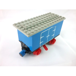 Train Battery Box Car with Three Contact Holes, Red Switch Lever, Blue and Red Magnets, Red Wheels, and Light Gray Roof with Hinged Doors Pattern on Both Sides (Stickers) - Set 7720