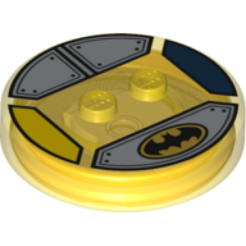 Деталь LEGO 18605c02pb26 Dimensions Toy Tag 4 x 4 x 2/3 with 2 Studs and Trans-Orange Bottom with Batman Logo on Silver Armor Plates Background Pattern (Excalibur Batman)