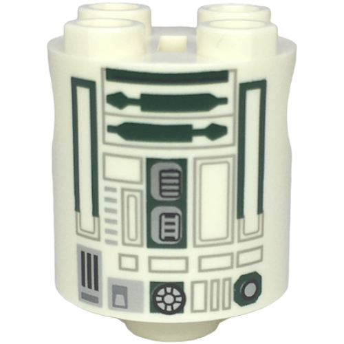 Деталь LEGO 30361cpb056 Brick, Round 2 x 2 x 2 Robot Body with Bottom Axle Holder (x Shape / + Orientation) with SW Astromech Droid Light Bluish Gray Rectangles and Dark Green Utility Arms and Data Port Slot Pattern