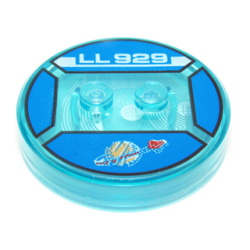 Dimensions Toy Tag 4 x 4 x 2/3 with 2 Studs and Trans-Light Blue Bottom with Faded Classic Space Logo and White 'LL 929' on Blue Background Pattern (Benny)