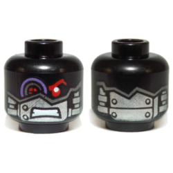 Minifigure, Head Alien with Mechanical Right Eye Red and Purple, Silver Head Plates Pattern