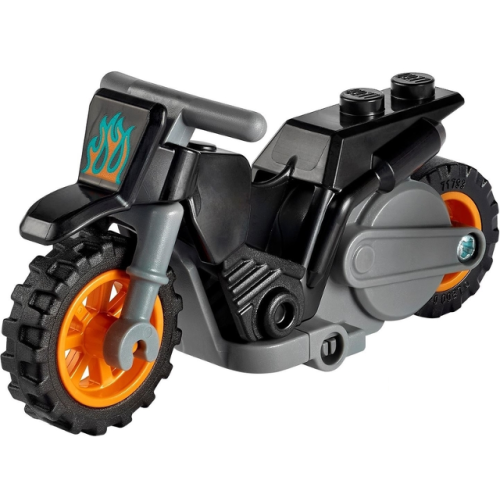 Деталь LEGO 75522pb02c01 Stuntz Flywheel Motorcycle Dirt Bike with Dark Bluish Gray Frame, Orange Wheels, and Dark Bluish Gray Handlebars with Dark Turquoise and Orange Flames Pattern