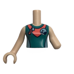 Torso Mini Doll Girl Dark Turquoise, White and Coral Wetsuit with Zipper and Dolphin / Whale Logo Pattern, Light Nougat Arm Left, Light Nougat Arm with Hand Right