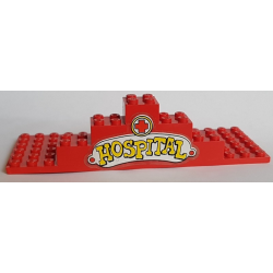 Stickered Assembly 16 x 6 x 3 1/3 with Red Cross and Yellow 'HOSPITAL' Pattern (Sticker) - Sets 137-1, 347-3 - 1 Red Plate 6 x 16, 2 Brick 2 x 2 without Inside Supports, 2 Brick 2 x 3 without Cross Supports, 2 Brick 2 x 4 without Cross Supports