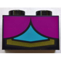 Brick 1 x 2 with 2 Magenta Quarter Ovals, Medium Azure Center and Gold Line Pattern (BrickHeadz Anna Chest)