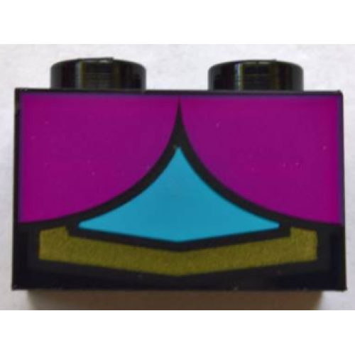 Деталь LEGO 3004pb168 Brick 1 x 2 with 2 Magenta Quarter Ovals, Medium Azure Center and Gold Line Pattern (BrickHeadz Anna Chest)