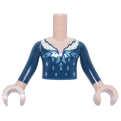 Torso Mini Doll Girl Dark Blue Dress Top with Metallic Light Blue Snowflake and White Fur Collar with Metallic Pink Dots Pattern, Light Nougat Arms with Hands with Dark Blue Long Sleeves