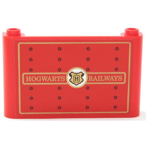 Деталь LEGO 64453pb010 Windscreen 1 x 6 x 3 with Gold 'HOGWARTS RAILWAYS', Hogwarts Logo, Rectangle Borders, and Black Rivets Pattern (Sticker) - Set 75955
