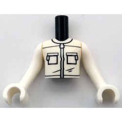 Torso Mini Doll Boy White Jacket with Black Pockets, Seams and Folds and Silver Zippers Pattern, White Arms with Hands