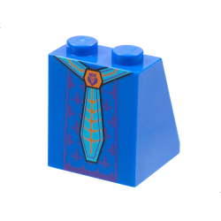 Slope 65 2 x 2 x 2 with Bottom Tube with Minifigure Dress / Skirt / Robe, Bright Light Blue Belt and Tassel, Lion Buckle and Dark Purple Fleur-de-lis Pattern Slope 65 2 x 2 x 2 with Bottom Tube with Minifigure Dress / Skirt / Robe, Bright Light Blue Belt and Tassel, Lion Buckle and Dark Purple Fleur-de-lis Pattern