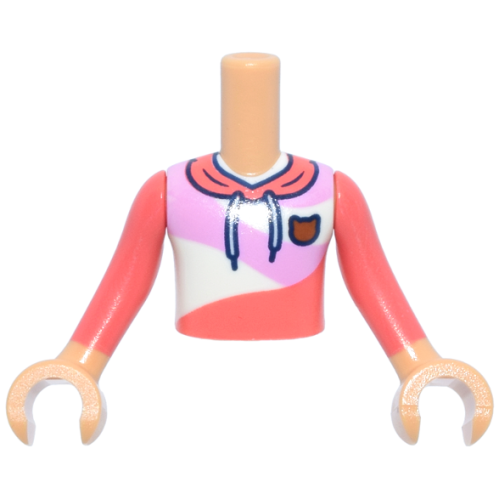 Деталь LEGO FTBpb142c01 Torso Mini Doll Boy Coral Hoodie, Bright Pink and White Panels, Dark Orange Cat Head Badge Pattern, Medium Tan Arms with Hands with Coral Long Sleeves