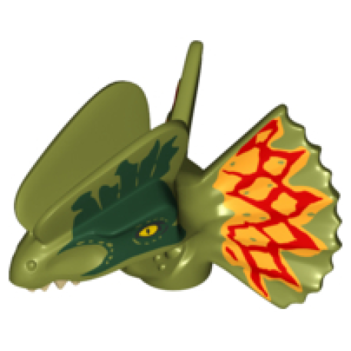 Деталь LEGO 38944pb01 Dinosaur Head Dilophosaurus with Dark Green and Dark Red and Yellow on Frill Pattern