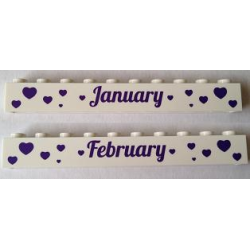 Brick 1 x 10 with Dark Purple 'January' and 'February' Pattern on Opposite Sides