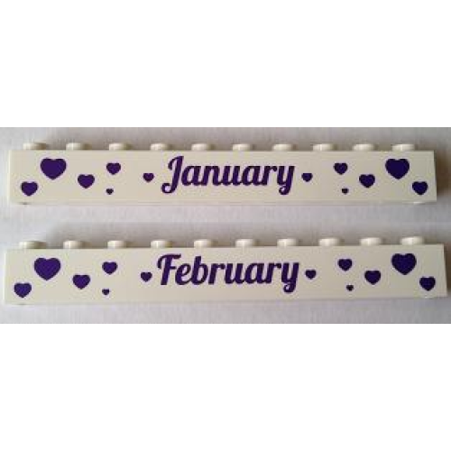 Деталь LEGO 6111pb015 Brick 1 x 10 with Dark Purple 'January' and 'February' Pattern on Opposite Sides