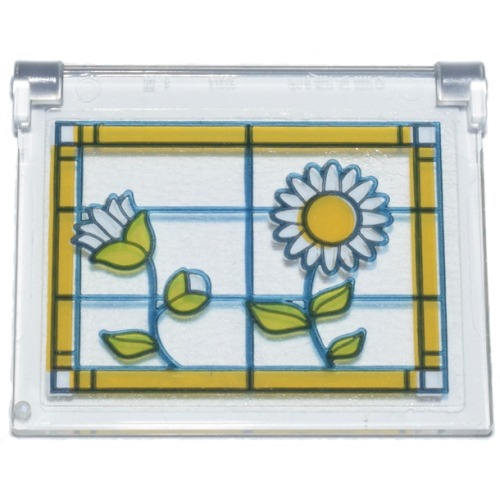 Деталь LEGO 60603pb025L Glass for Window 1 x 4 x 3 - Opening with Stained Glass, Bright Light Orange Frame, White Flowers and Lime Leaves Pattern Model Left Side (Sticker) - Set 42671