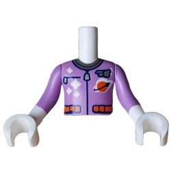 Torso Mini Doll Boy Spacesuit with Silver Collar, Zippers, Reddish Orange Classic Space Logo and Belt Pattern, White Arms with Hands with Medium Lavender Long Sleeves